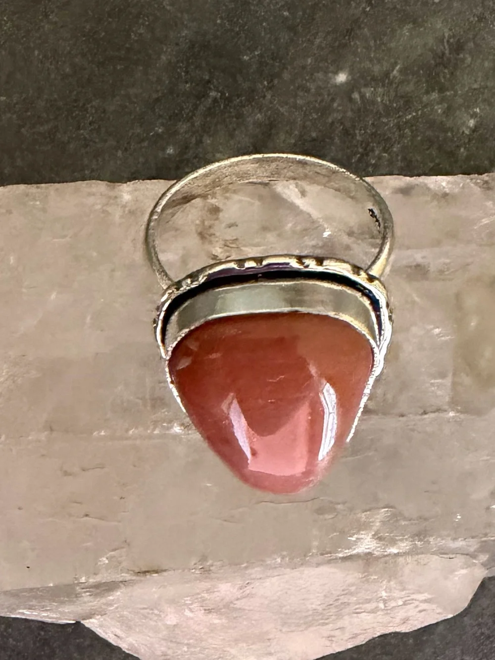 Genuine Peach Moonstone Teardrop Silver Ring